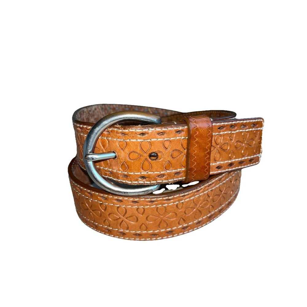 Lauren Ralph Lauren Tooled Brown Leather Belt Flower Pattern Women SZ‎ L 9101304
